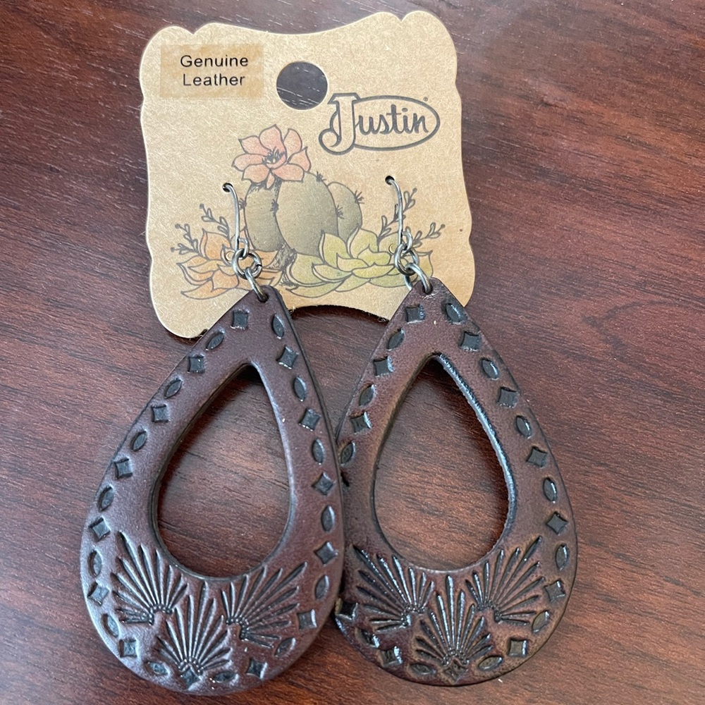 Justin Elegant Brown Leather Teardrop Earrings